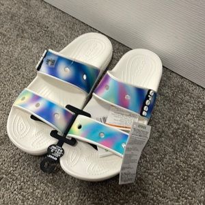 Crocs Two Strap Slides. Size 9. Blue and White.